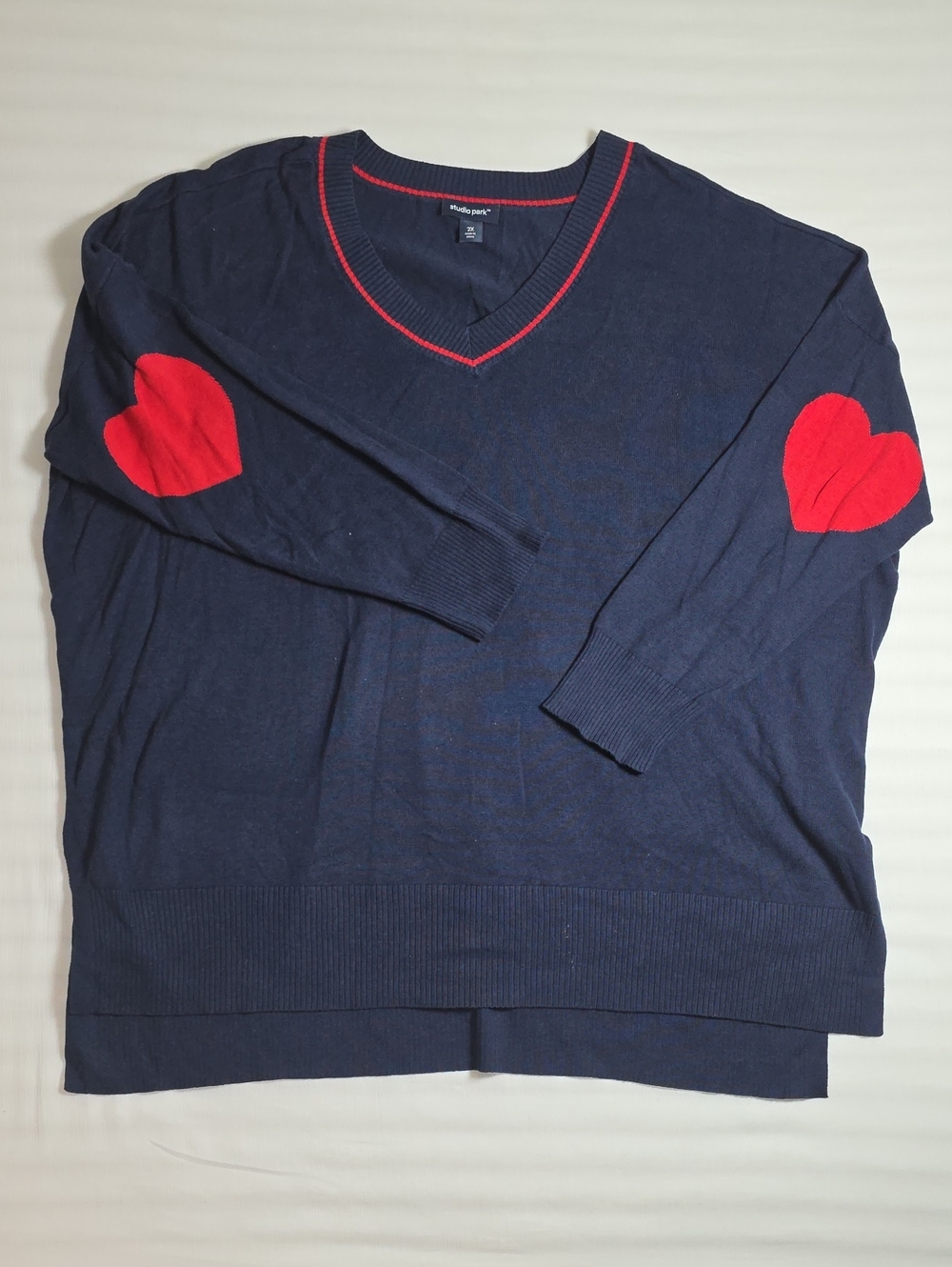 0865 Studio Navy V-Neck Sweater with Red Heart Elbow Patches; 2X